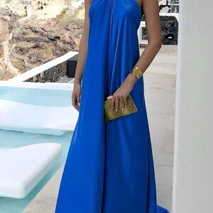 Royal Blue Casual Women's Criss Cross Sleeveless Self-Tie Halter Backless Dress
